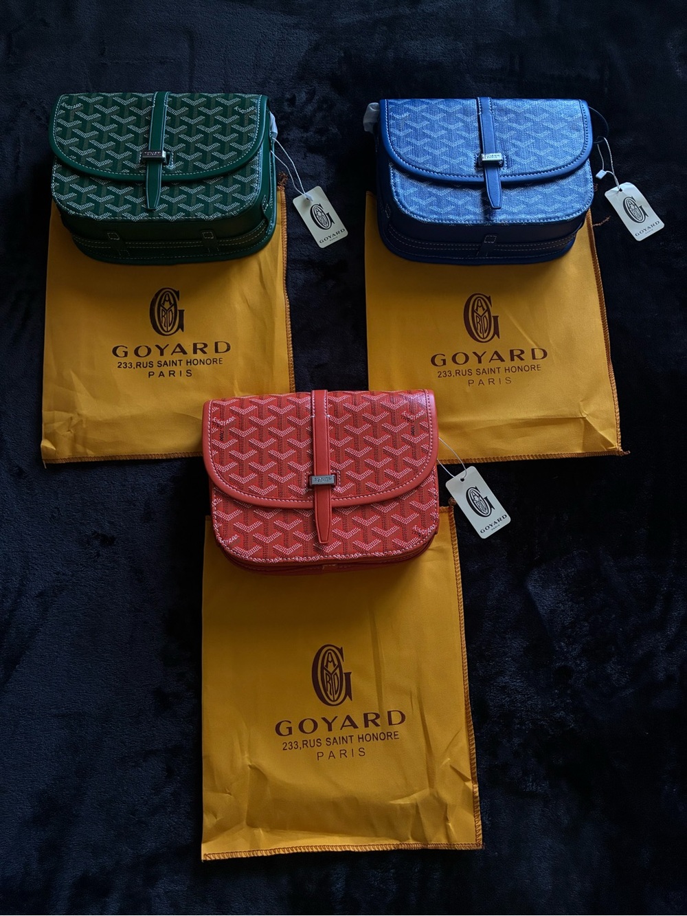 Goyard Crossbody Trio in Green, Blue, and Red